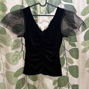 Hem & Thread Black Velvet Top with Sheer Sleeves
